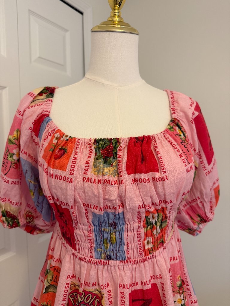 Palm Noosa Flora Dress Strawberry Stamp Linen Puff Sleeve Pink Mini Au 10 Us 6 — image 5 of 8